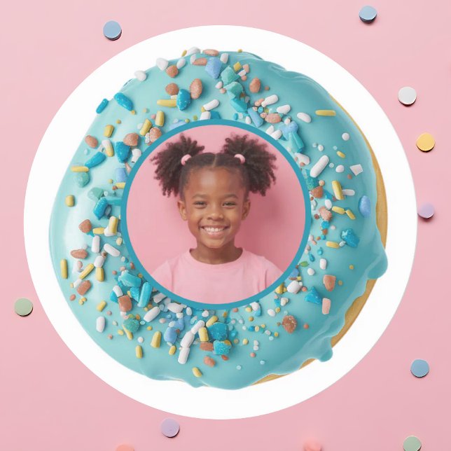 Custom Photo Blue Doughnut Sprinkles Birthday Part Classic Round Sticker (Custom Photo Blue Donut Sprinkles Birthday Party Classic Round Sticker)