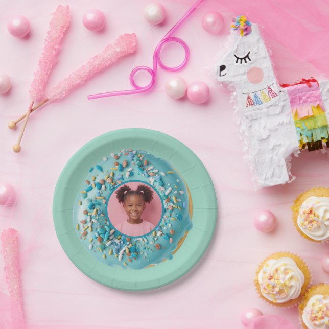 Custom Photo Blue Doughnut Sprinkles Birthday Part Paper Plate (Party)