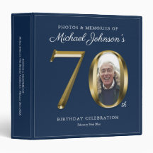 Custom Photo Blue Elegant Gold Text 70th Birthday
