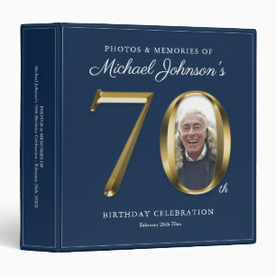 Custom Photo Blue Elegant Gold Text 70th Birthday Binder