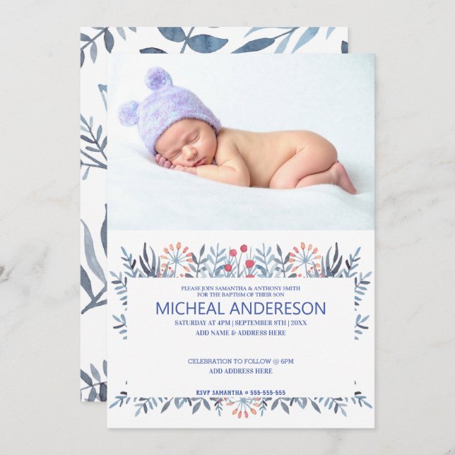 Custom Photo Blue Floral Baptism Invitation (Front/Back)