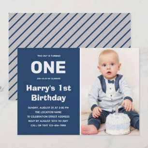 Custom Photo Blue Grey   Boy 1st Birthday Invitation