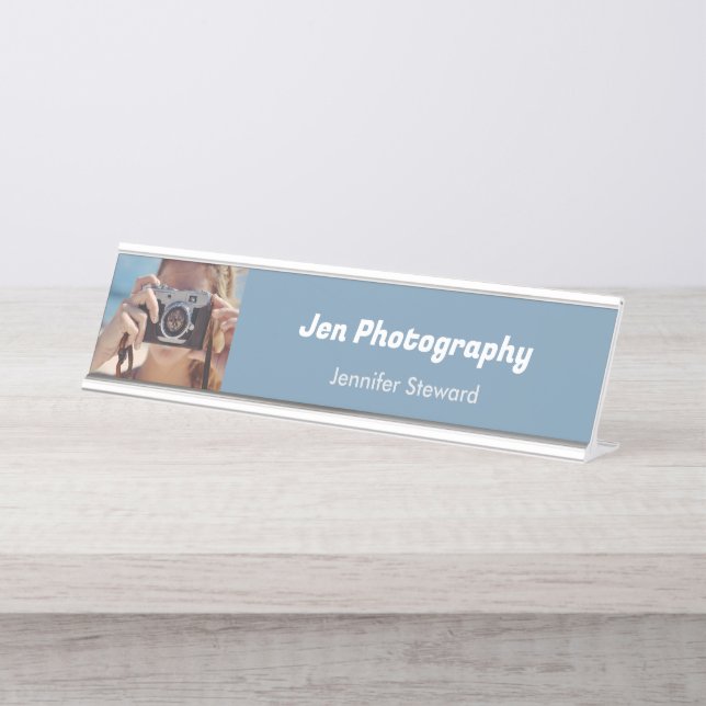 Custom photo blue photographer  desk name plate (Front)