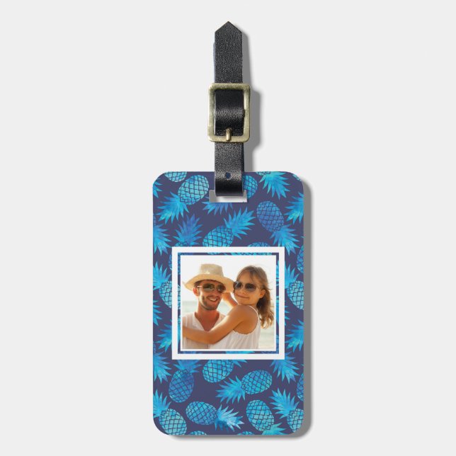 Custom Photo Blue Tie Dye Pineapples Luggage Tag (Front Vertical)