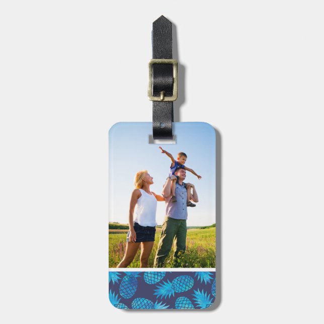 Custom Photo Blue Tie Dye Pineapples Luggage Tag (Front Vertical)
