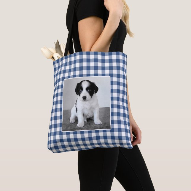 Custom Photo Blue White Gingham Check Pattern Tote Bag (Close Up)