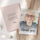 Custom Photo Blush Pink 90th Birthday Party Thank You Card<br><div class="desc">The front of this 90th birthday invitation features the guest of honour's photo with the words "thank you" in elegant black calligraphy script overlay. A white screen helps make the text pop. Customize the reverse side with your personal message in black sans serif font and your name in script on...</div>