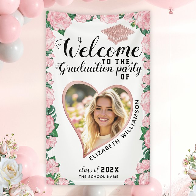 Custom Photo Blush Pink Flowers Graduation Welcome Banner (Creator Uploaded)