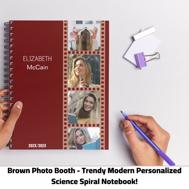 Custom Photo Booth Personalized Science Notebook (Brown Photo Booth - Trendy Modern Personalized Science Spiral Notebook!)