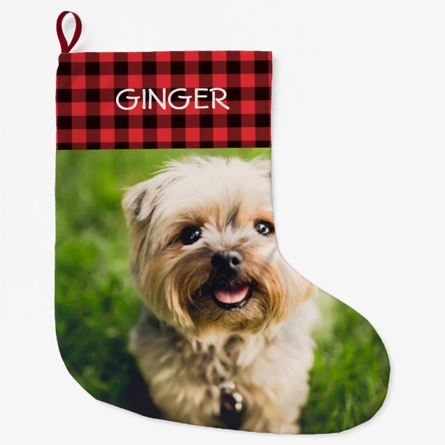 Custom Photo Buffalo Plaid Personalized Large Christmas Stocking (Front)