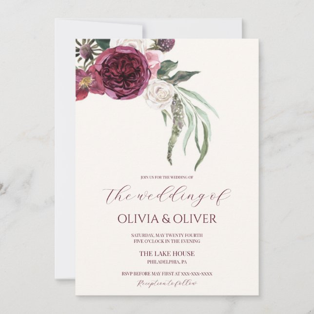 Custom photo burgundy blush QR code wedding Invitation (Front)