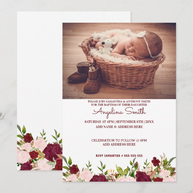 Custom Photo Burgundy Floral Baptism Invitation (Front/Back)