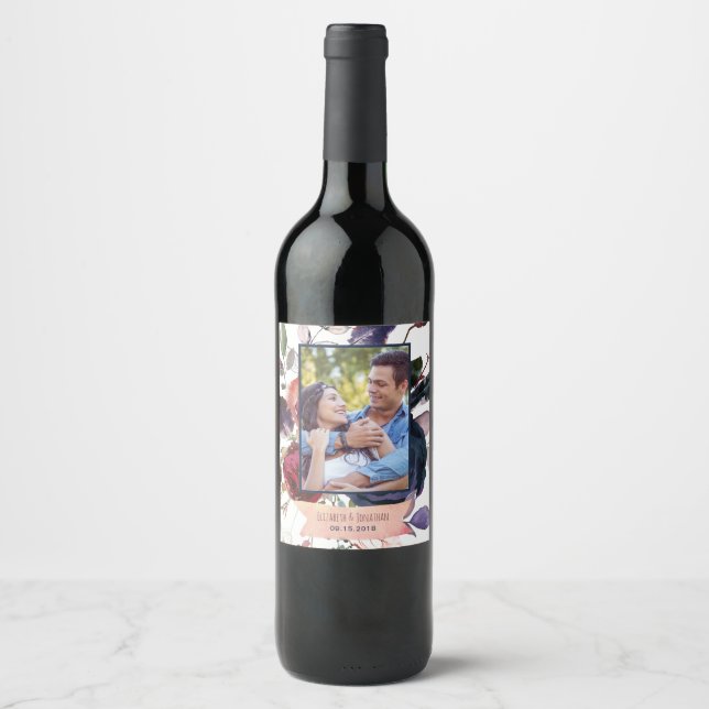 Custom Photo Burgundy Navy Floral Wedding Wine Label (Front)