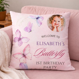 Custom Photo Butterfly 1st Birthday Throw Pillow