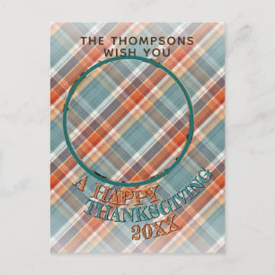 Custom Photo Cheerful Thanksgiving Plaid Pattern Postcard