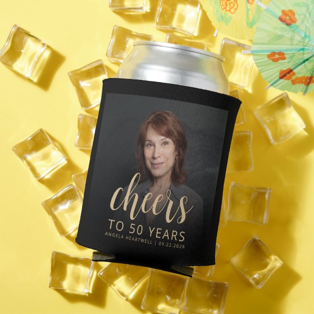 Custom Photo Cheers 50th Birthday Party Can Cooler (In Situ Summer)