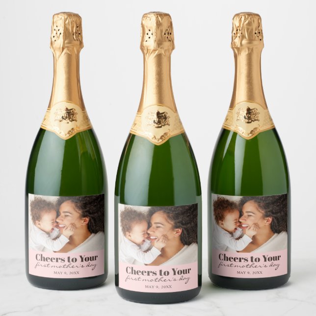 Custom Photo Cheers First Mother's Day Sparkling W Sparkling Wine Label (Bottles)