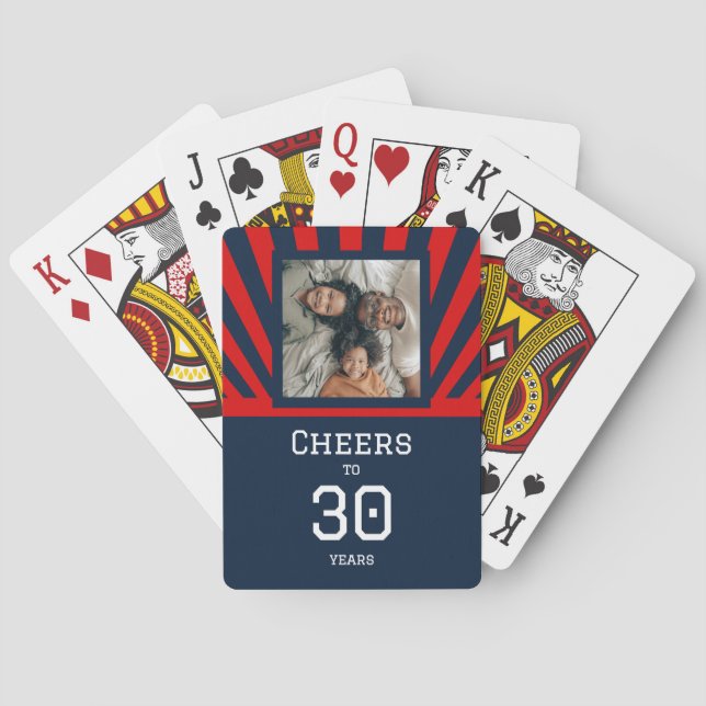 Custom photo Cheers to 30 years, blue and red  Playing Cards (Back)