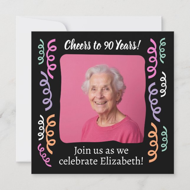 Custom Photo Cheers to 90 Years Birthday Streamers Invitation (Front)