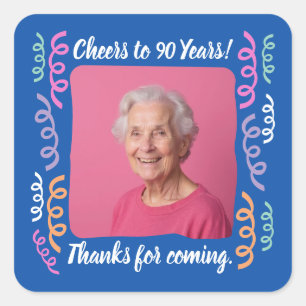 Custom Photo Cheers to 90 Years Birthday Streamers Square Sticker