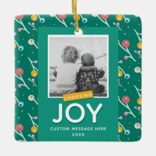Custom Photo Choosing Joy Holiday Berries Ceramic Ornament