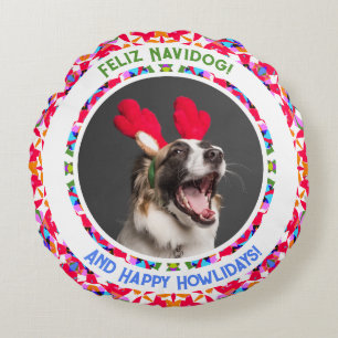 Custom Photo Christmas Dog Mom Mum Dad Colourful Round Pillow