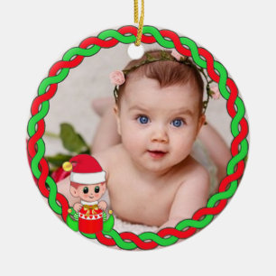 Custom photo, Christmas elf and green red frame Ceramic Ornament