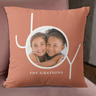 Custom Photo Christmas Holiday Joy Terra Cotta Throw Pillow