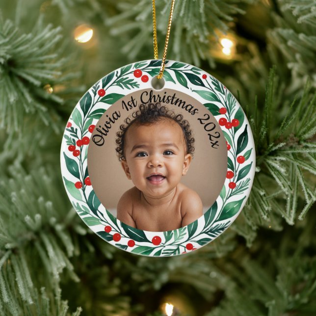 custom photo christmas holly  ceramic ornament (Tree)