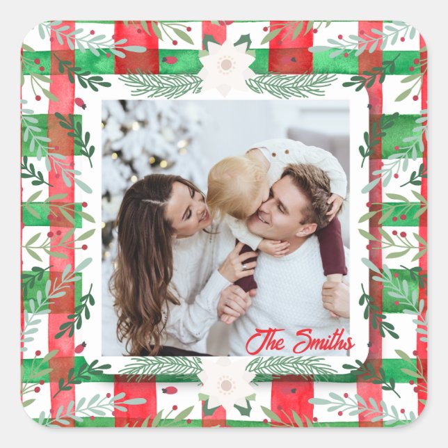Custom Photo Christmas Personalized Family Name  Square Sticker (Front)
