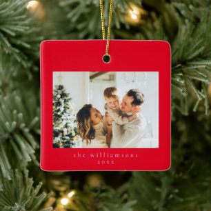 Custom Photo Christmas Pink Red Simple Family Ceramic Ornament
