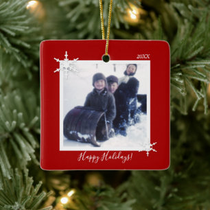 Custom Photo Christmas Red Snowflake Ceramic Ornament