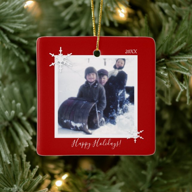 Custom Photo Christmas Red Snowflake Ceramic Ornament (Tree)