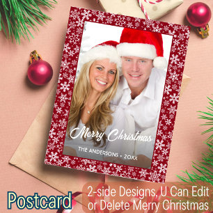 Custom Photo Christmas Snowflake Script Red Modern Holiday Postcard