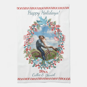 Custom Photo Christmas Wreath Couple Newlywed Kitchen Towel