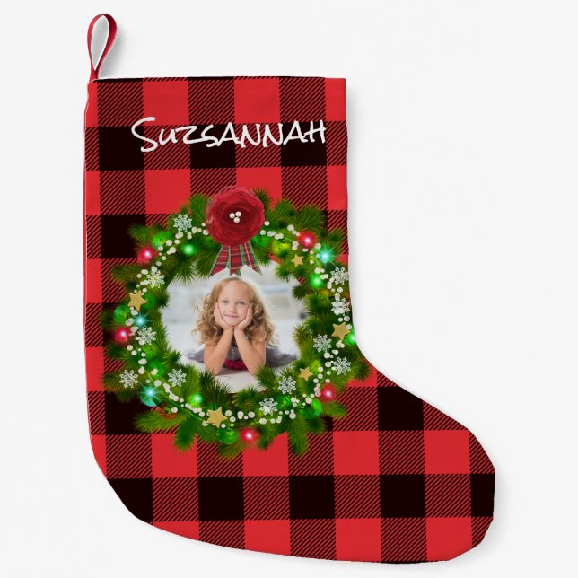 Custom Photo Christmas Wreath Template Name Small Christmas Stocking (Front)