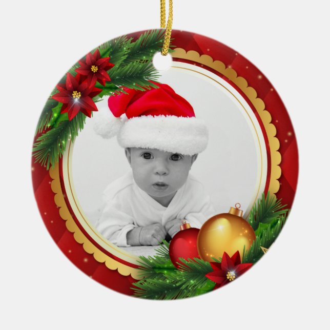 Custom Photo Classic Christmas Add Baby Pet Family Ceramic Ornament (Front)