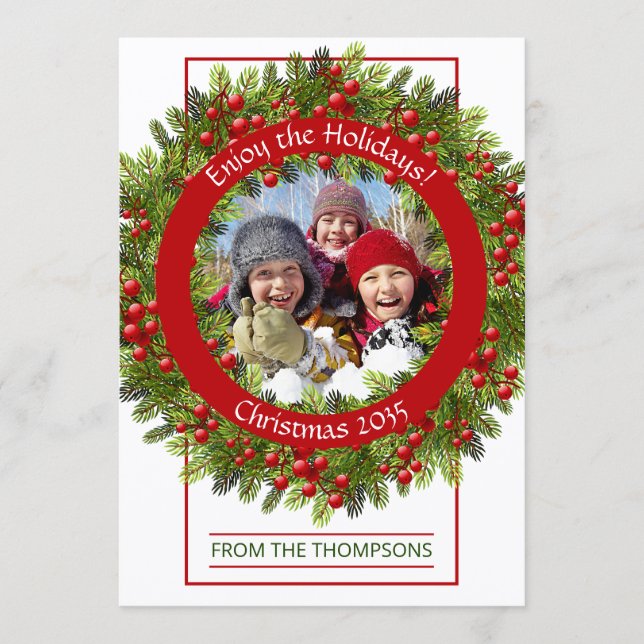 Custom Photo Classic Green Holly Red Berries Holiday Card (Front)
