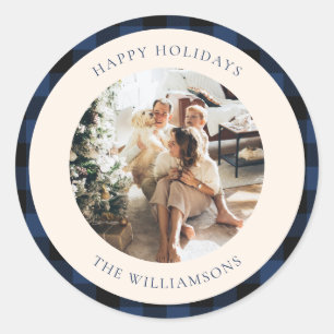 Custom Photo Classic Navy Black Buffalo Plaid  Round Sticker