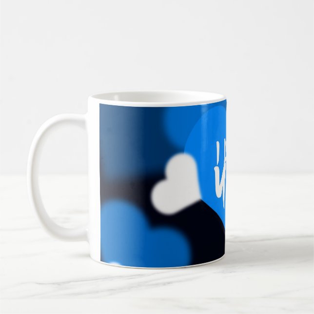 Custom Photo Coffee Mug with Blue Heart Design (Left)
