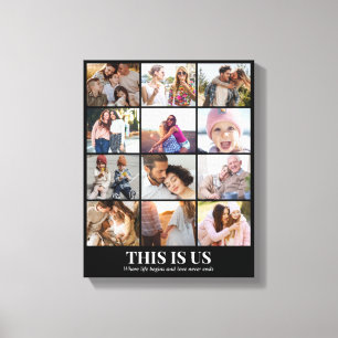 Custom Photo Collage 12 Pictures Grid 11x14 Black Canvas Print