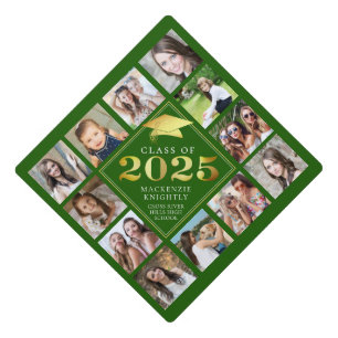 Custom Photo Collage 2024 Green Gold Personalized Graduation Cap Topper