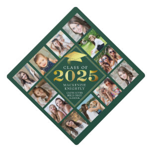 Custom Photo Collage 2024 Green Gold Personalized Graduation Cap Topper