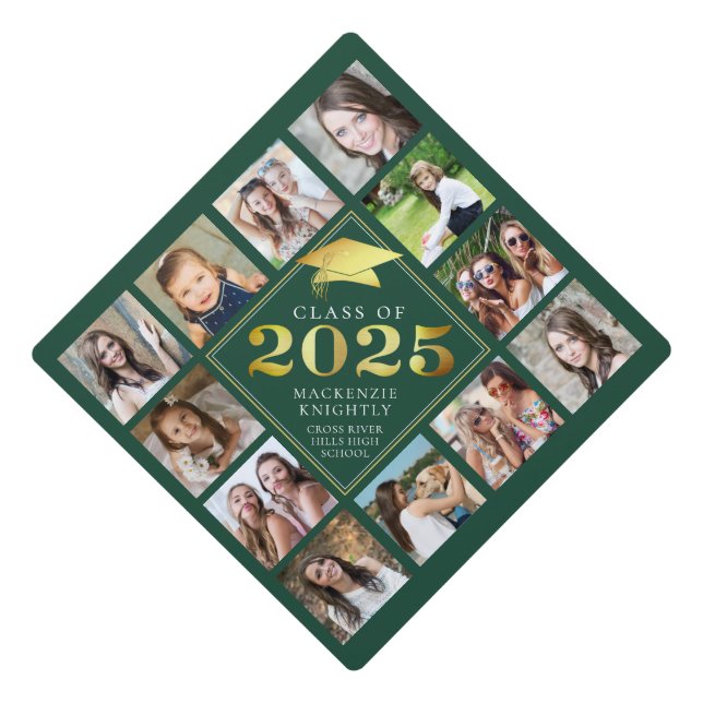 Custom Photo Collage 2024 Green Gold Personalized Graduation Cap Topper (Front)