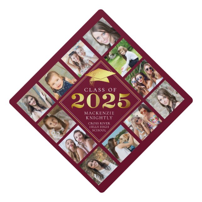 Custom Photo Collage 2024 Maroon Gold Personalized Graduation Cap Topper (Front)