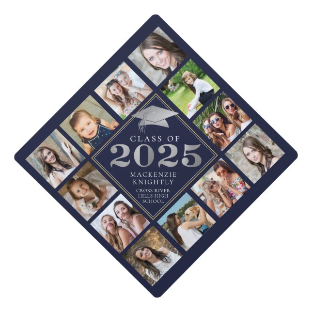 Custom Photo Collage 2024 Navy Silver Personalized Graduation Cap Topper (Front)