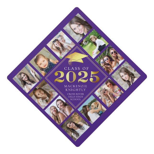 Custom Photo Collage 2024 Purple Gold Personalized Graduation Cap Topper (Front)