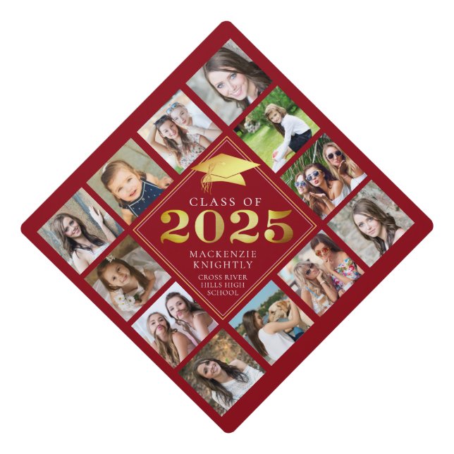 Custom Photo Collage 2024 Red Gold Personalized Graduation Cap Topper (Front)