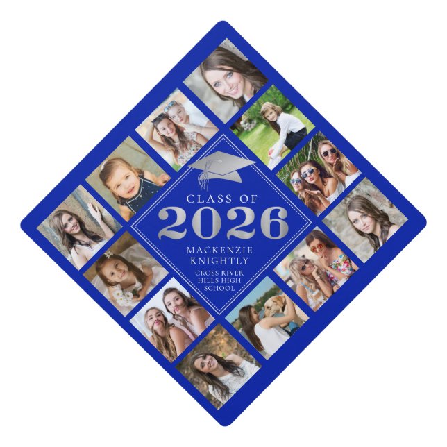 Custom Photo Collage 2024 Royal Blue Personalized Graduation Cap Topper (Front)