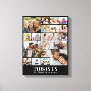 Custom Photo Collage 20 Pictures Grid 11x14 Black Canvas Print